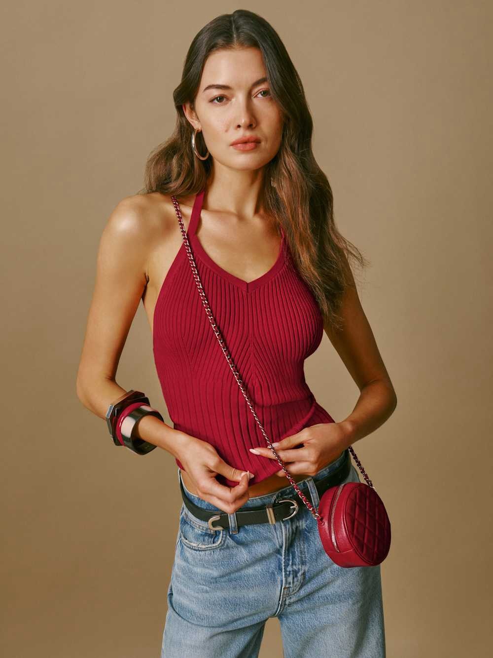 Reformation Ribbed Halter Tank Top in Burgundy